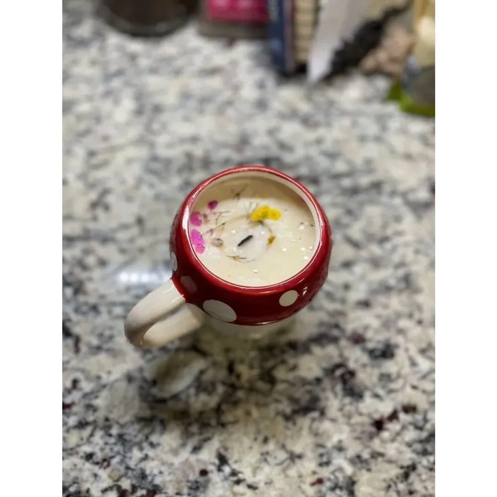 Market Square Mushroom Shaped Red Polka Dot Ceramic Mug Glittery Flower Candle